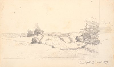 前景にいくつかの茂みがある野原の道路。 バック グラウンドで林縁 作： P.C. Skovgaard