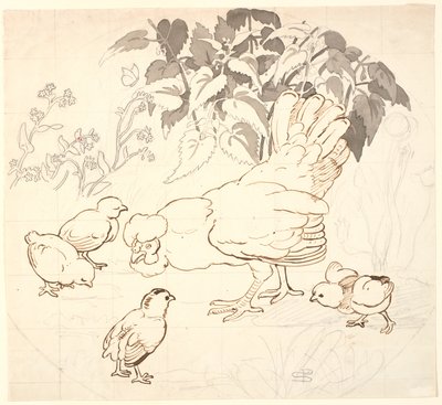 雌鶏と彼女のひよこを円形の構図で。 作： P.C. Skovgaard