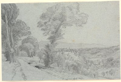 「Genazzano 9 Juli 1869.」を望むイタリアの山の風景。 作： P.C. Skovgaard
