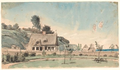 茅葺き民家が立ち並ぶ海岸の風景。 作： P.C. Skovgaard