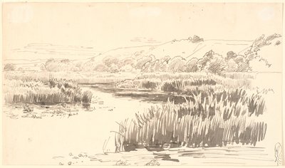 背の高い葦が生い茂る小川のある風景。 背景の丘。 おそらくヴァイレ 作： P.C. Skovgaard