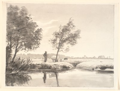 前景の水に映る野原、木々、牛、農夫のいる風景 作： P.C. Skovgaard