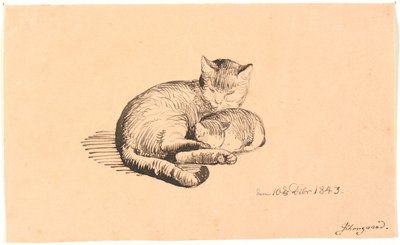 彼女の子猫と横になっている猫。 作： P.C. Skovgaard