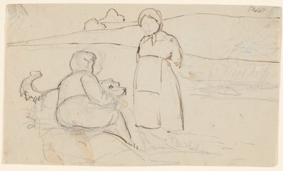 犬と一緒に座っている男の子と風景の中に立っている女の子。 作： P.C. Skovgaard