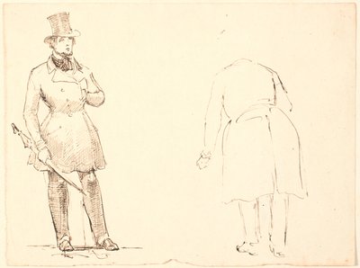 傘と th を持つ立っている紳士。 後ろから見たおじぎする紳士 作： P.C. Skovgaard
