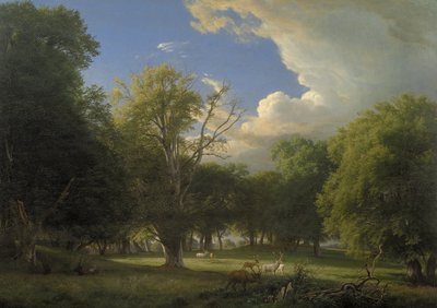 にわか雨が降る夏の午後。 コペンハーゲンの北にある Jægersborg の鹿公園 作： P.C. Skovgaard