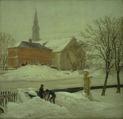 Christianshavn の Løwener の邸宅にあるアーティストの住居からの眺め。 雪が降る冬の日 作： P.C. Skovgaard