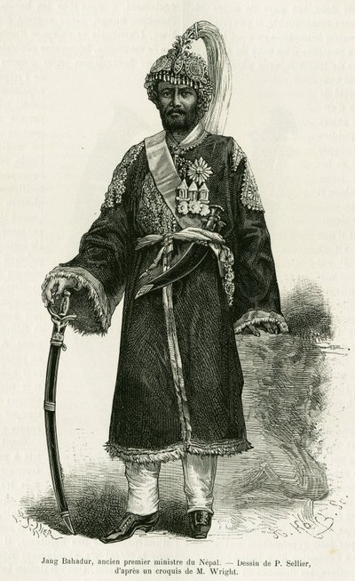 ジャン・バハドウール（1816-1877）、ネパールの首相。エドゥアール・シャルトン（1807-1890）が監督した「le tour du monde 1886」に収録されているギュスターヴ・ル・ボン博士（1841-1931）の「Voyage au Nepal」の物語を説明するためのP.Sellierによるエングレーヴィング。 作： P. (after) Sellier