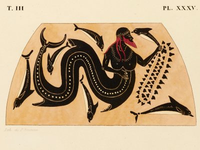ギリシアのアンフォラに描かれたポセイドンとイルカの装飾の版画、1858年頃（水彩・ボディカラー・リトグラフ・紙 作： P. Bineteau