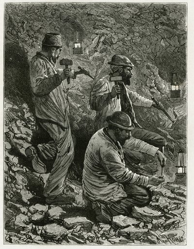 石炭を鉱脈に取り出す坑夫たち。ベルギーの作家、カミーユ・ルモニエ（1844-1913）の物語「ベルギー」を説明するためのフェラートの版画。Edouard Charton（1807～）編集のLe Tour du monde, nouveau journal des voyages, second semester 1884に掲載。 作： P. Ferat