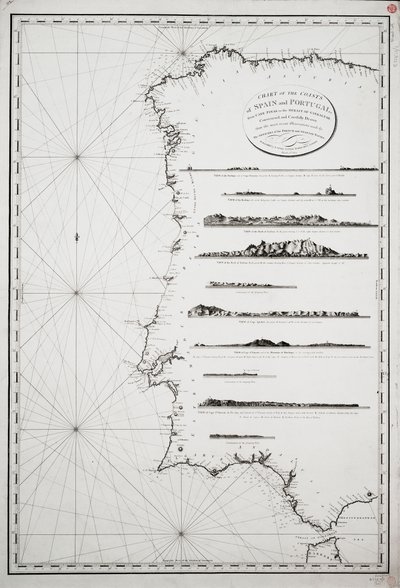 ピナス岬からジブラルタル海峡に至るスペインとポルトガルの沿岸の海図。フランスとスペインの海軍士官による最新の観測に基づいて作成され、注意深く描かれている。 作： P. Steel