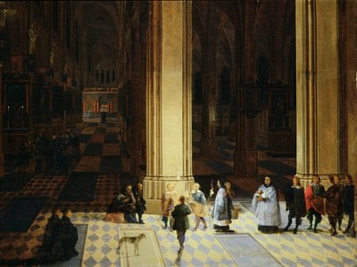 夜のアントワープ大聖堂内部、17世紀半ば、油彩・パネル 作： P. the Elder & P. the Younger (1620 75) Neeffs
