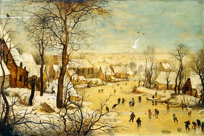 凍った水路にバードトラップとスケーターがいる冬の村 作： P. the Younger Brueghel