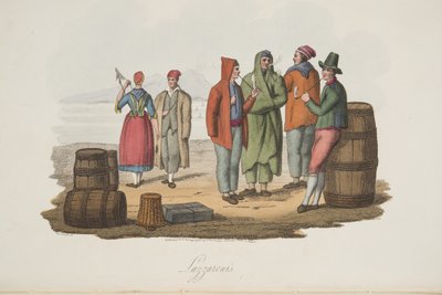 ラッツァローニの『イタリアの風景から、イタリアの異なる州の風俗、習慣、娯楽を表す』は、1806年に出版された。1806年（手彩色彫刻）。 作： P. van (after) Lerberghi