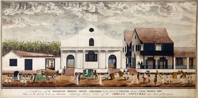 セイロン島のコロンボ、ウェスリアン ミッション ハウスの南側ビュー、建てられたアンノ ドミニ 1816、1816 年頃（水彩） 作： P. van Houten