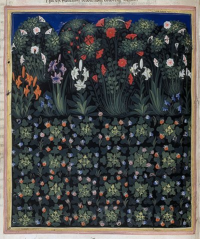 庭（から：Convenevole da PratoによるRegia Carmina）。 1335年頃 作： Pacino di Bonaguida