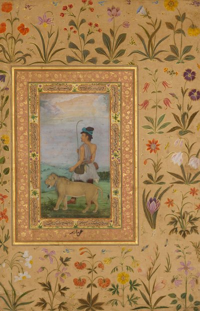 ライオンとダーヴィッシュ、シャー・ジャハーン・アルバムのフォリオ、ヴァーソ: ca. 1630年、直筆：約。 1500。 作： Padarath