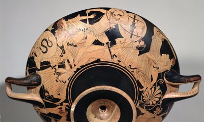 紀元前490年頃のトロイア戦争の場面を描いた屋根裏部屋の赤像杯の詳細（陶器）（内部については92562と211797参照 作： Painter Brygos
