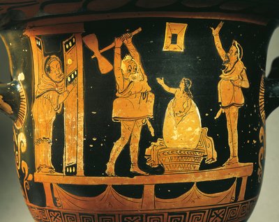 ディジョンの画家によるものとされる赤絵陶器、詳細、イタリア、アプーリア州バーリ出土、紀元前4世紀、古代ギリシャ文明、マグナ・グラエキア地方、劇場の場面と卵の中のヘレン誕生の風刺画を描いたアプーリアのクラテル 作： 