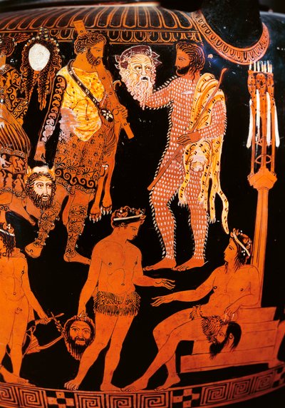 仮面をつけた役者がいる赤像のヴォリュート・クラテル、ルヴォ出土、前410年頃（陶製 作： Painter Pronomos