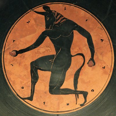 古代ギリシャのミノタウロスの土器、515年頃～（黒絵土器 作： Painter of London E342