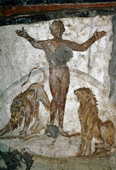 初期キリスト教美術カタコンベ。ライオンの檻の中のダニエル、4世紀（フレスコ画） 作： Paleo Christian