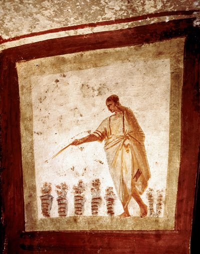 パレオクレティア美術（古代ローマの時代）。パンと魚の伝搬。ローマのヴィア・アナポのカタコンベのフレスコ画。3世紀から4世紀。- 初期キリスト教美術。パンと魚の増産の様子。イタリア、ローマ、ヴィア・アナポのカタコンブ 作： Paleo Christian