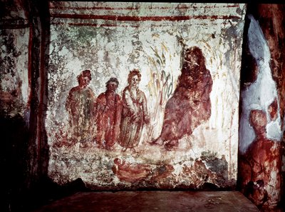 パレオクレティア美術（古代ローマの時代）。モーゼがファラオの娘にナイルの水から救われる。ローマのヴィア・ラティーナのカタコンベのフレスコ画。4世紀- 初期キリスト教美術。水から救い出されたモーゼ。フレスコ画、紀元後4世紀。カタコンベ 作： Paleo Christian