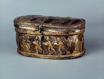 パレオクレティア美術：銀製の聖遺物箱「カプセラ・デ・ブリビオ：マギの崇拝」。紀元後5世紀パリ、ルーヴル美術館 作： Paleo Christian