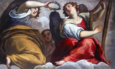 シンバルとハープを持った音楽の天使たち 作： Palma Il Giovane
