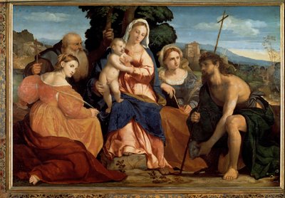 聖カタリナと聖セレスティン（左）、洗礼者ヨハネとバルバラ（右）と子連れの聖母（絵画 作： Palma Il Giovane