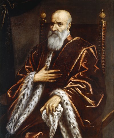 レッドベルベットのマントを着た、4分の3の長さのヴェネツィア上院議員の肖像画。 作： Palma Il Giovane