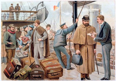 1890 年頃、テムズ川で P&O ライナーに乗船する乗客。 作： PandO Pencillings