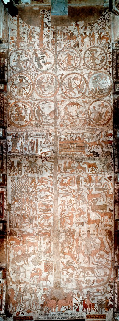 世界の創造、アダムとイブ、聖書の場面と星座 イタリア、オトラント（Otranto）の大聖堂の身廊の舗装を覆っているパンタレオーネ（Moasseteの司祭）のモザイク（12世紀）の全体像の図 作： Pantaleon Pantaleon