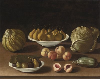 梨、桃、いちじく、メロン、キャベツ、骨髄のある静物 作： Paolo Antonio Barbieri