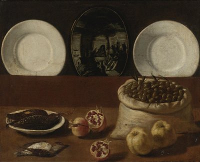 皿のある静物、オリーブ、ゲーム、ザクロ、カリンが入った袋 作： Paolo Antonio Barbieri