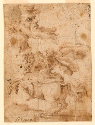 ひげを生やした男の頭、馬に乗った男 作： Paolo Emilio Besenzi
