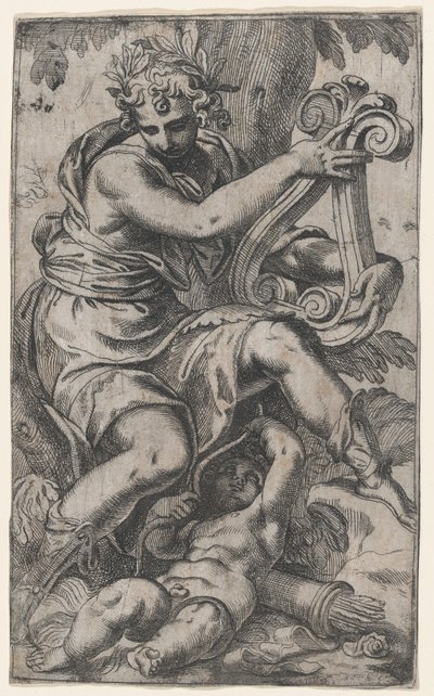 竪琴を持つキューピッドとアポロン 1568年、約。 1568年。 作： Paolo Farinati