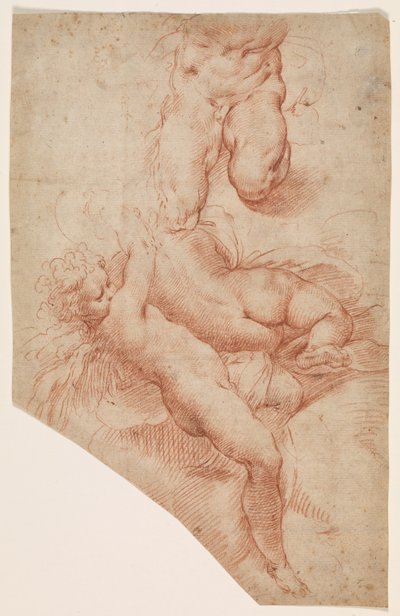 天使やプット、リクライニングの女性と筋肉質の男性の下半身 作： Paolo Farinati