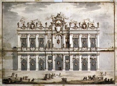 1766年の「フェスタ・デッラ・チネア」のためと思われるファサードのデザイン（ペン、茶インク、紙にウォッシュ） 作： Paolo Posi