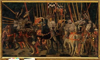 1432年06月02日のフィレンツェ人とシエナ人の間のサン・ロマーノの戦い（ミケレット・ダ・コティニョーラの反撃）。パオロ・ディ・ドーノ・ディ・ウッチェロ（1397-1475）による絵画 1456年 日。1,8x3,2 m パリ、ルーヴル美術館。 作： Paolo Uccello