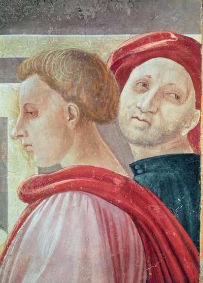 寺院でのマリアの贈与、1433-34（詳細）からの2人の男性の頭 作： Paolo Uccello