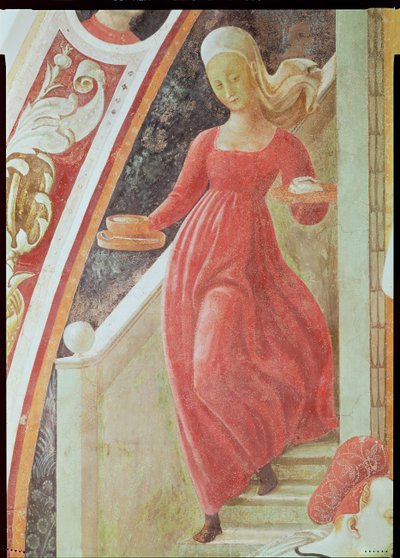 聖母の誕生、階段を降りるメイドの使用人の詳細 作： Paolo Uccello