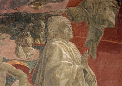 水の洪水と沈下、ノアの犠牲と酔い、祈りの人物の詳細、ルネットフレスコ画 作： Paolo Uccello