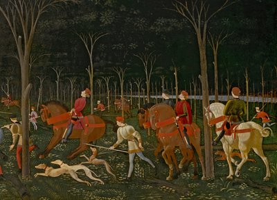 森の狩猟、14661年から70年頃の油彩、100861のパネルの詳細 作： Paolo Uccello