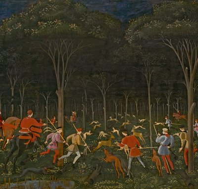 森の狩猟、14661年から70年頃の油彩、100861のパネルの詳細 作： Paolo Uccello