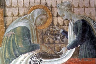 聖母マリアの降誕、聖アンナが手を洗う様子を描いた詳細、仮定の礼拝堂、1433-34 作： Paolo Uccello