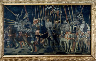ミケレット・ダ・コティニョーラの反撃（サン・ロマーノの戦い）。ミケレット・ダ・コティニョーラの反撃を描いた第2話。パオロ・ジ・ドーノ（パオロ・ウッチェロ）（1397-1475）の絵画 作： Paolo Uccello