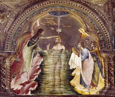 イエスの洗礼、サンタ・キアラのポリプティックの細部。(木に油彩、1350年頃) 作： Paolo Veneziano