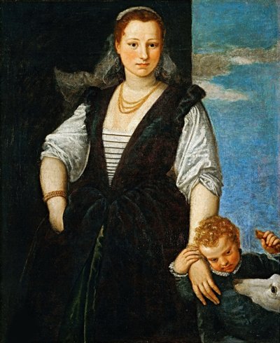 子供と犬を持つ女性の肖像イザベラ・ゲリエリ・ゴンザガ・カノッサ、1547-1548。 作： Paolo Veronese